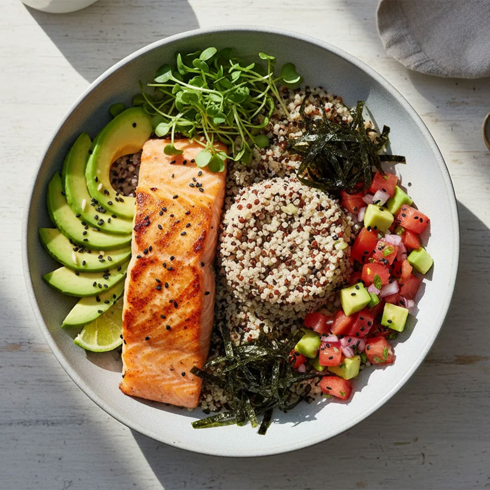 Bowl de quinoa, salmón a la plancha y aguacate