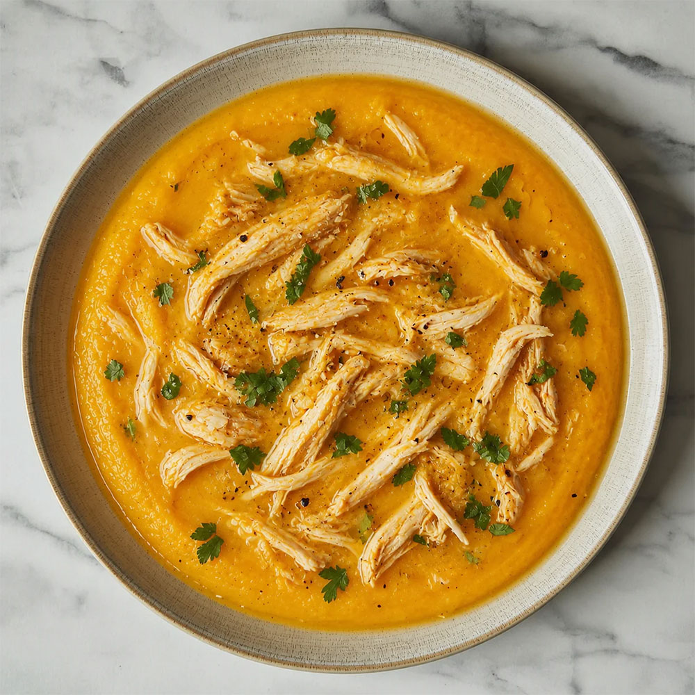 Crema de calabaza y zanahoria al jengibre con pollo desmechado