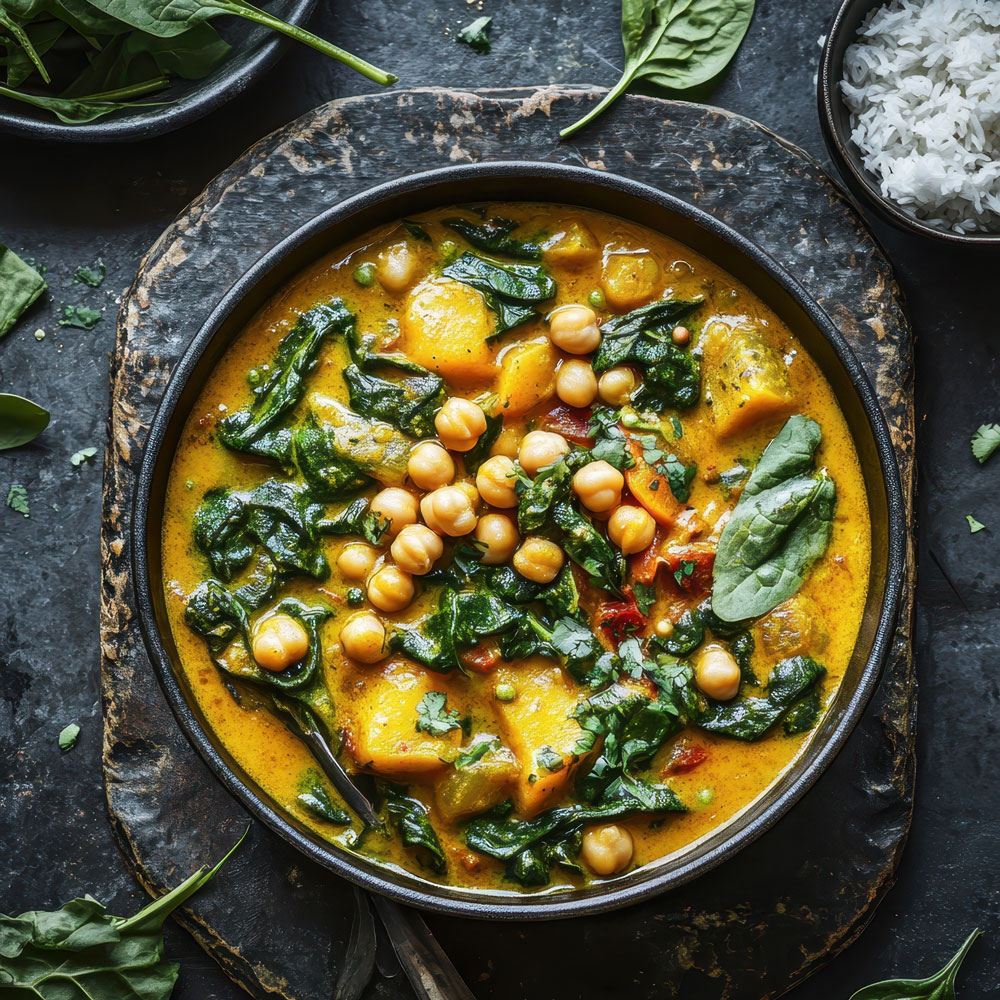 Curry de garbanzos y espinacas con leche de coco